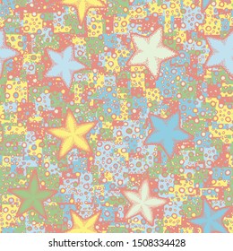 Seamless composition. Not carefully drawn starfishes are scattered over a colored background.