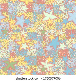 Seamless composition. Not carefully drawn starfishes are scattered over a colored background.