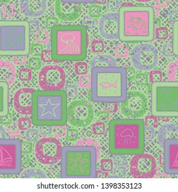 Seamless composition. Not neatly drawn marine objects in the framework scattered on a colored background.