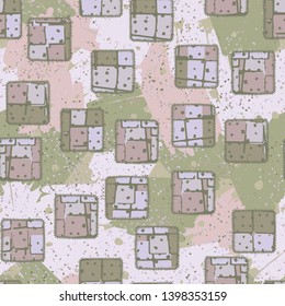 Seamless composition. Not neatly drawn motley sewn patches scattered over a colored background.