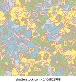 Seamless composition. Not neatly drawn letters scattered on a colored background.