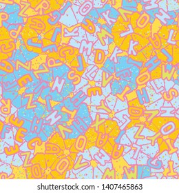 Seamless composition. Not neatly drawn letters scattered on a colored background.