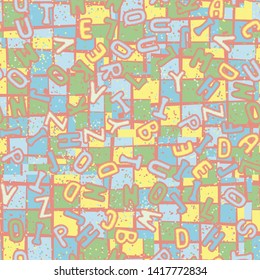 Seamless composition. Not neatly drawn letters scattered on a colored background.