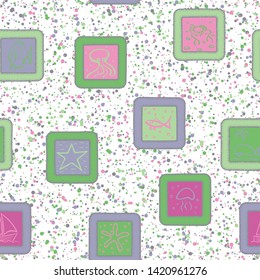 Seamless composition. Not neatly drawn marine objects in the framework scattered on a colored background.