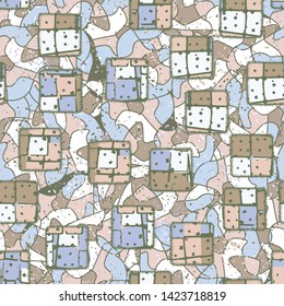 Seamless composition. Not neatly drawn motley sewn patches scattered over a colored background.