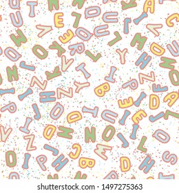 Seamless composition. Not neatly drawn letters scattered on a colored background.