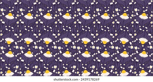 Seamless composition showcasing midnight violet daisy elements. Chamomile recurring surface design on a purple surface.