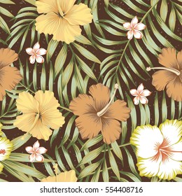 Composición sin inconvenientes de hojas tropicales, flores de hibisco y frangipani en un estilo retro sobre fondo marrón. Ilustración vectorial de papel tapiz