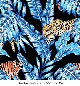 Seamless composition of tropical leaves in trendy blue color with animal tiger and a leopard on a black background. Pattern wallpaper vector