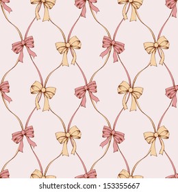 Seamless composition with vintage hand drawn bows and tapes