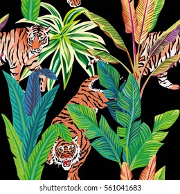Seamless composition of the wild predatory animals tiger in the tropical jungle. Vector illustration of a print pattern wallpaper black background