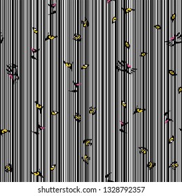 Seamless composition from yellow eyes of wild cats on the stripe black white background. Vector design pattern
