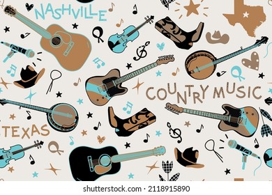 seamless concept pattern with country musical instruments and texts, vector design for paper, fabric and other surfaces