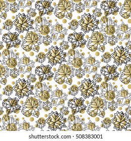 Seamless concept pattern. Polygonal trendy style snowflakes on white gold background. Winter holidays design. Vector illustration stock vector.