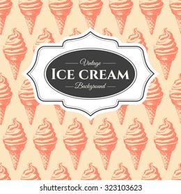 Seamless cone ice cream background. Vintage style. Hand-drawn sketch of cold dessert. 