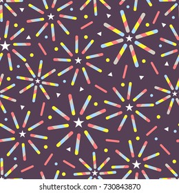 seamless confetti colorful firework pattern on violet background from line,star and dot