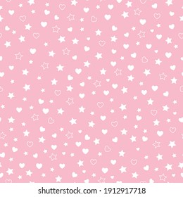 seamless confetti pattern abstract. small white hearts and stars. pink background. Vector texture. Fashion print for textiles, packaging paper.