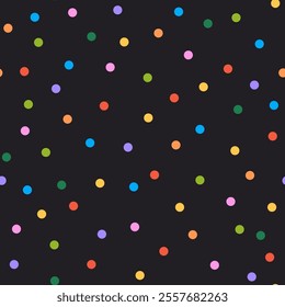 Seamless confetti pattern with colorful and vibrant round circles. Festive celebrations, parties, and events. Fun and playful vector design for wrapping paper, decoration and background.