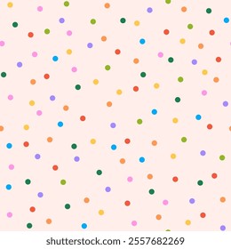 Seamless confetti pattern with colorful and vibrant round circles. Festive celebrations, parties, and events. Fun and playful vector design for wrapping paper, decoration and background.