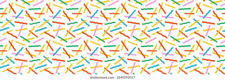 Patrón de confeti sin fisuras con serpentinas onduladas de colores y cintas sobre fondo blanco. Patrón de cinta ondulada juguetona para el sentimiento festivo. Perfecto para envolver papel, decoración de fiesta. Arrastre hasta el panel Muestras