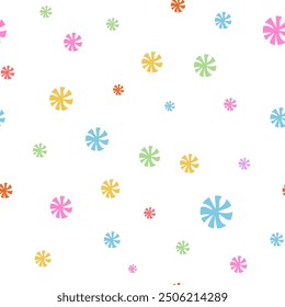 Seamless confetti pattern from multi-colored candies on a white background.