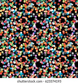 Seamless confetti pattern on black background. Multicolor vector texture with scattered elements.
