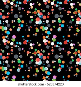 Seamless confetti pattern on black background. Multicolor vector texture with scattered elements.