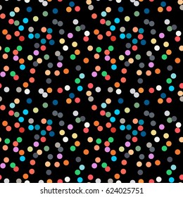 Seamless confetti pattern on black background. Multicolor vector texture with scattered elements.