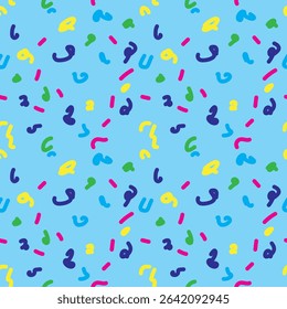 Seamless confetti pattern with scattered rainbow colorful dots and shapes on a clean background. Perfect for party decor, wrapping paper, festive designs, table cloth, and celebration themes. EPS 10.