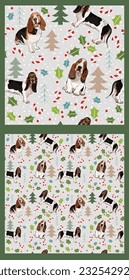 Seamless congo dogs pattern, winter Happy Christmas texture. Square format, t-shirt, poster, packaging, textile, socks, textile, fabric, decoration, wrapping paper.Trendy hand-drawn basset hound breed