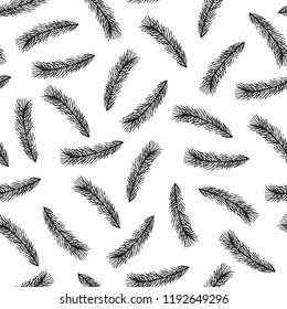 Seamless coniferous pattern. Fir branch for merry Christmas decoration. Winter holiday hand drawn background. Vector isolated illustration.
