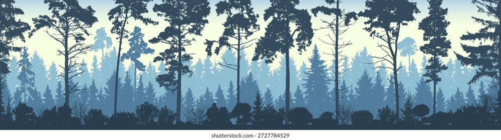 Nahtloser Nadelwald Hintergrund. Kiefer, Fichte, Christbaum. Natur, Landschaft. Nebel immergrüne Nadelbäume. Silhouette, Vektorgrafik
