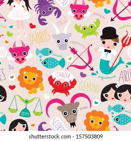 seamless constellation horoscope zodiac signs illustration pattern background in vector