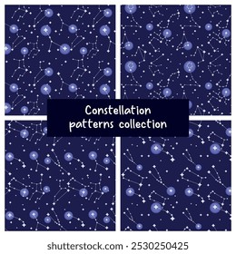 Seamless Constellation Pattern Collection with Dark Starry Background - Vector