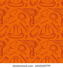 Seamless construction pattern with drill, helmet, gloves. wrench and tools line art style on orange background. Perfect for building industry, packaging and engineering design. - Powered by Shutterstock - Get 15% off with code: PIKWIZARD15