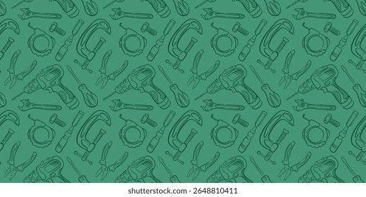 Seamless construction pattern with repair tool, drill, wrench, screwdriver, clamp, pliers in line art style. Perfect for background wallpaper, packaging and industrial design.