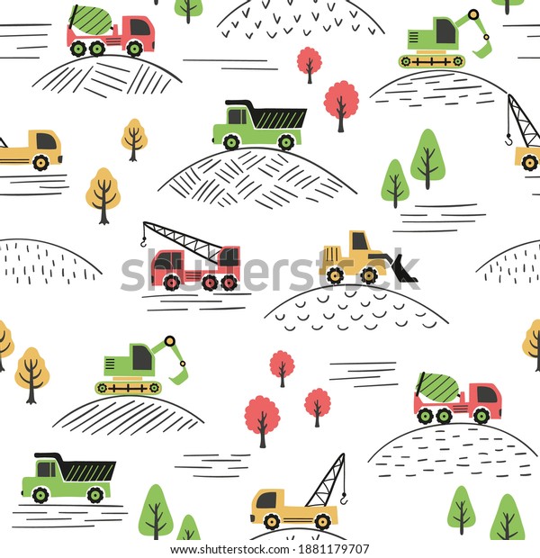 Seamless construction trucks pattern.\
Colorful vector illustration with machines for\
kids.
