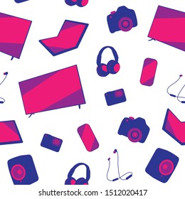 Seamless consumer gadgets and electronics pattern. Television, smartphone, headset, earphones, speakers, laptop, camera, action camera. Repetitive pattern on transparent background. EPS 10.
