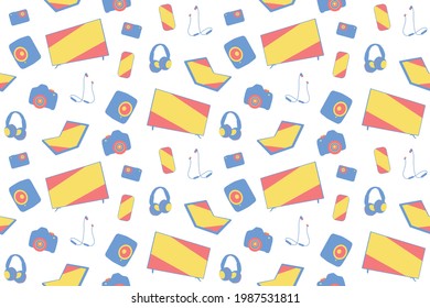 Seamless consumer gadgets and electronics pattern. Television, smartphone, headset, earphones, speakers, laptop, camera, action camera. Repetitive pattern on transparent background. EPS 10.
