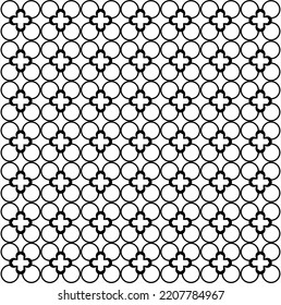 Seamless contemporary abstract design pattern of circle and cross elements. Used for design surfaces, fabrics, textiles.