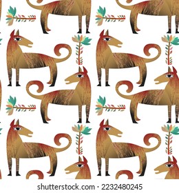 Seamless, Contemporary Abstract wild and domesticated animals. Folk style. Mid Century Modern Art design for paper, cover, fabric, interior decor, and other users. 