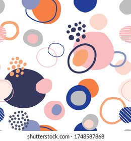 Seamless contemporary art pattern with doodle shapes and dots.  