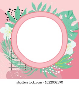 Collage de patrones florales contemporáneos, hojas y flores, coloridas plantas tropicales, selváticas y exóticas, espacio de marco para escribir texto, ilustración vectorial.