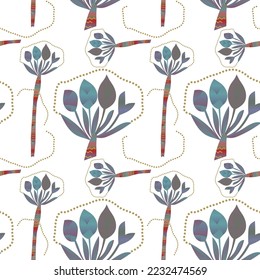 Seamless, Contemporary floral shapes with leaves, trees, fruits, and floral bouquets. Folk style. Mid Century Modern Art design for paper, cover, fabric, interior decor, and other users.	
