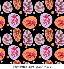 Seamless, Contemporary floral shapes with leaves, trees, fruits, and floral bouquets. Folk style. Mid Century Modern Art design for paper, cover, fabric, interior decor, and other users.	
