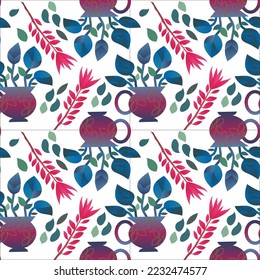 Seamless, Contemporary floral shapes with leaves, trees, fruits, and floral bouquets. Folk style. Mid Century Modern Art design for paper, cover, fabric, interior decor, and other users.	
