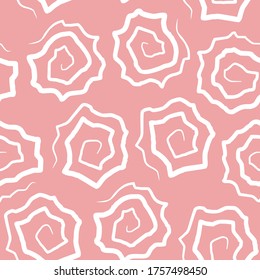 Seamless contemporary pattern of abstract white color curly spiral line art shapes on pink background for wallpaper, packaging and textile.