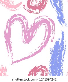 Seamless contemporary pattern with heart and dry brush strokes in hand drawn style.