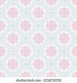 Seamless contemporary Thai art design. Petals of pink and green flowers. A light brown background with a blue octagonal line. Vector illustration.