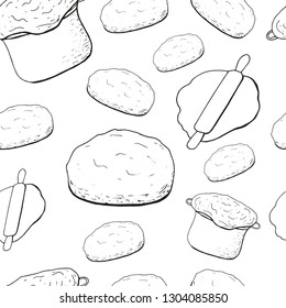 Seamless continuous background with the image of yeast dough, rolled out dough on white. For design and menu of bakery, cafe, restaurant. Coloring.
